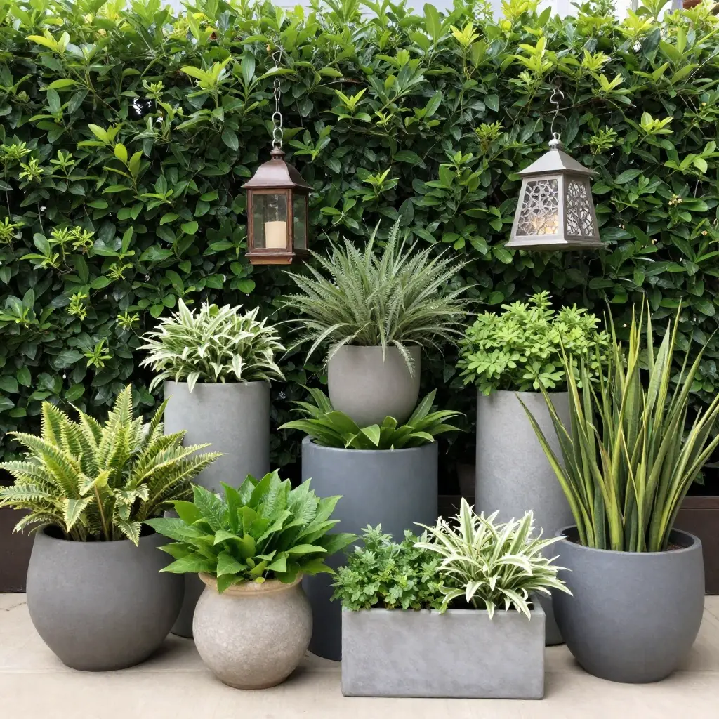 Curated garden décor display with planters and lanterns in a lush outdoor setting