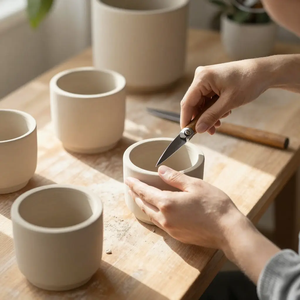 Artisan preparing handcrafted ceramic planters in a sunlit workshop