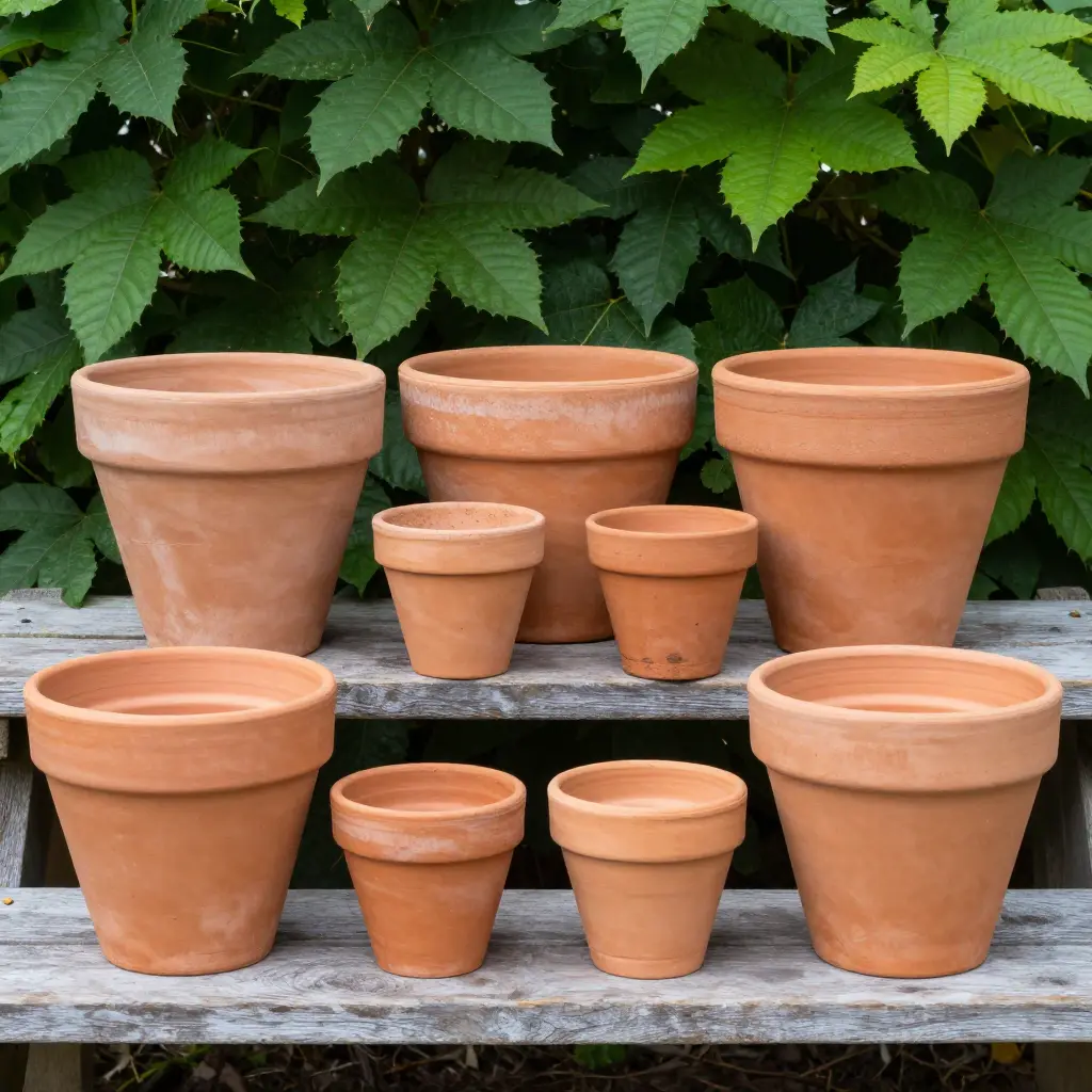 Collection of frost-resistant terracotta and ceramic flower pots displayed in a garden