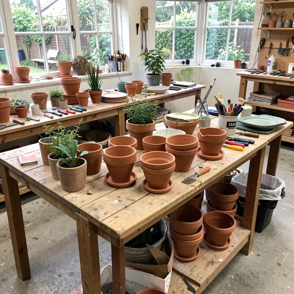 Workshop with garden décor being prepared for display